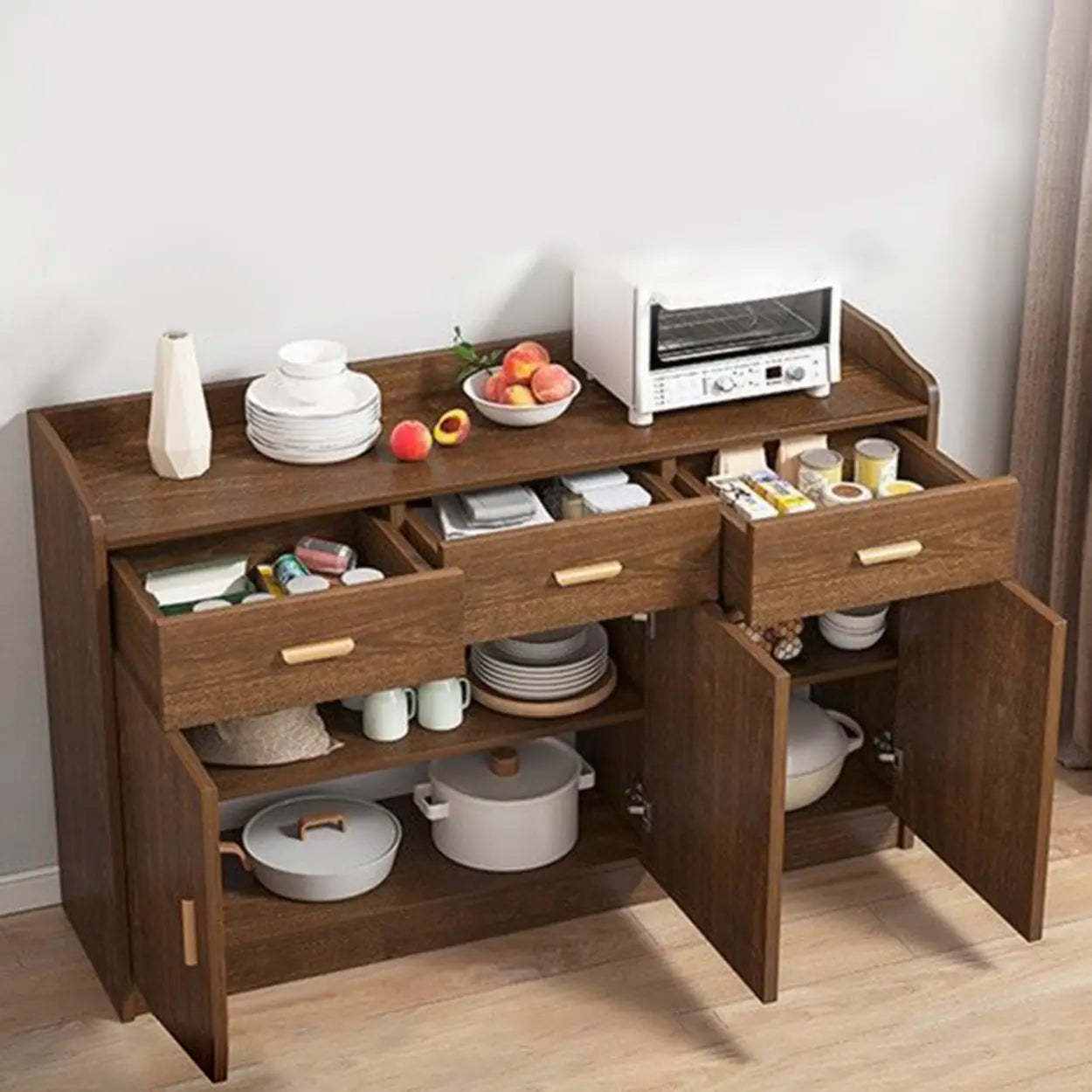 Freestanding Teak Floor Buffet with Shelves and Drawers — Dark Brown