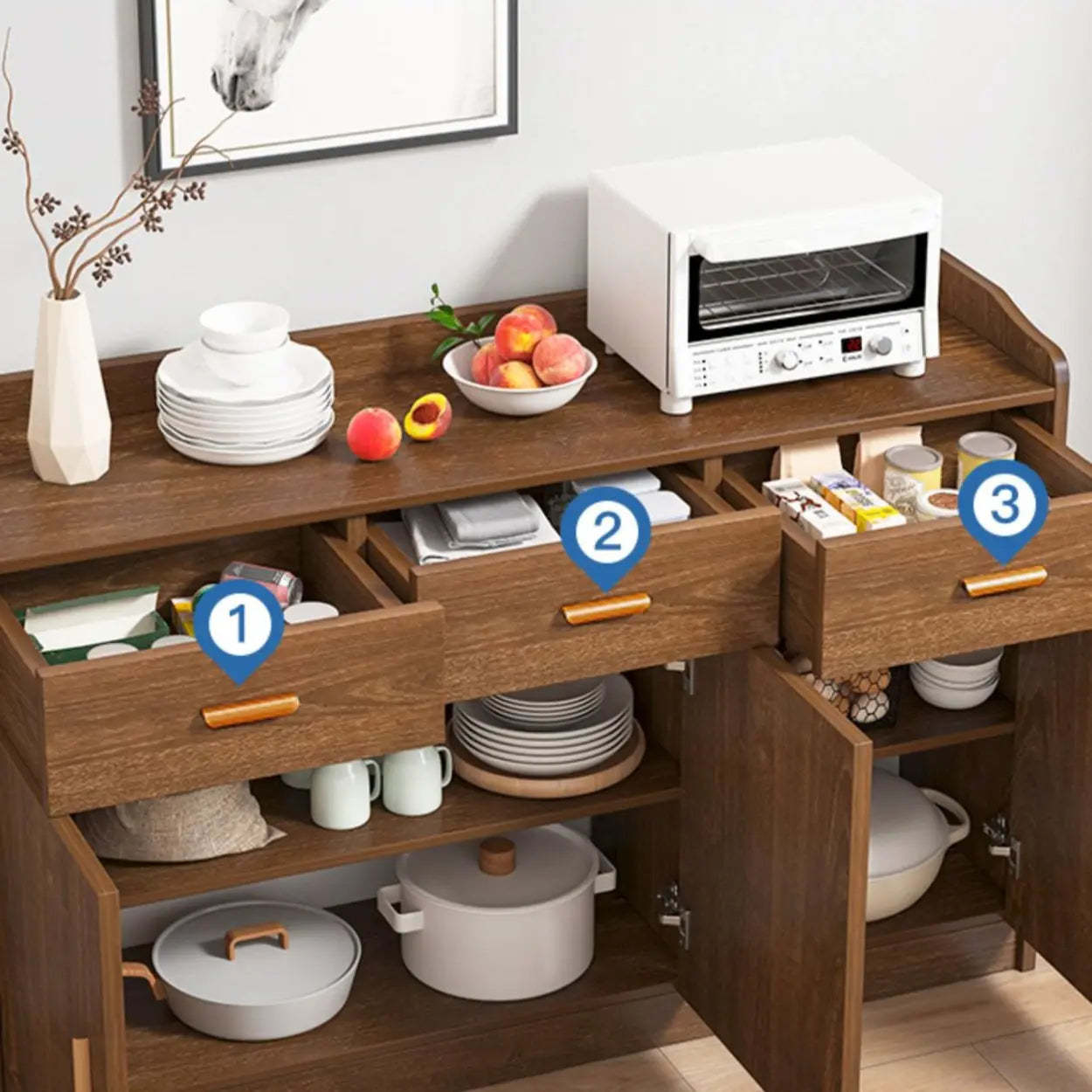Freestanding Teak Floor Buffet with Shelves and Drawers — Dark Brown