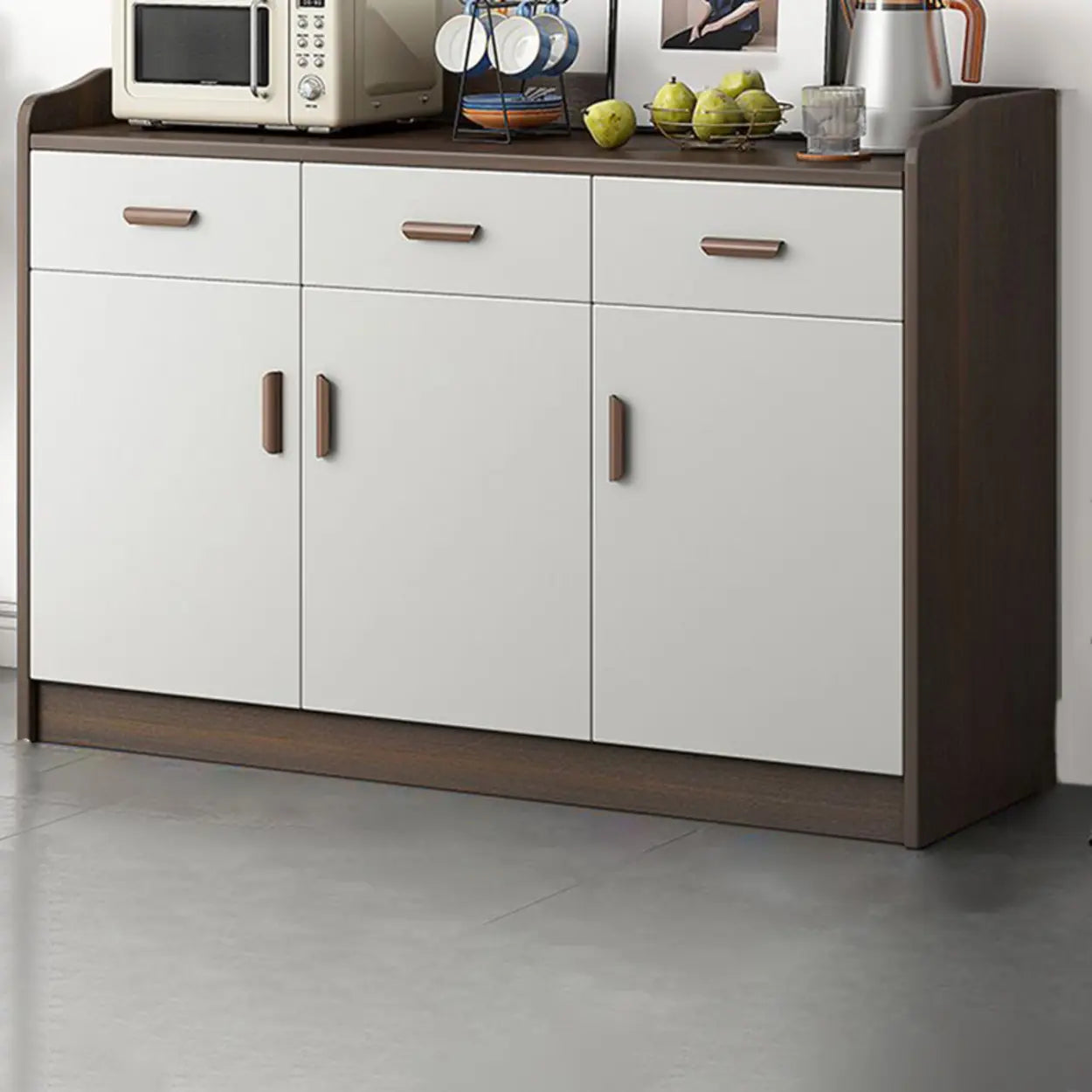 Freestanding Teak Floor Buffet with Shelves and Drawers — Sandalwood Color