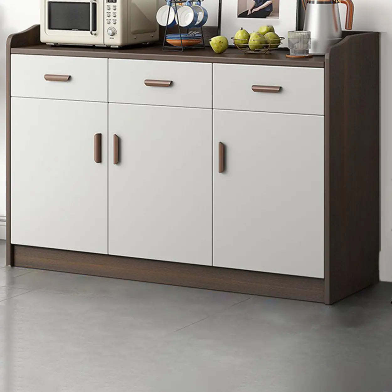 Freestanding Teak Floor Buffet with Shelves and Drawers — Sandalwood Color
