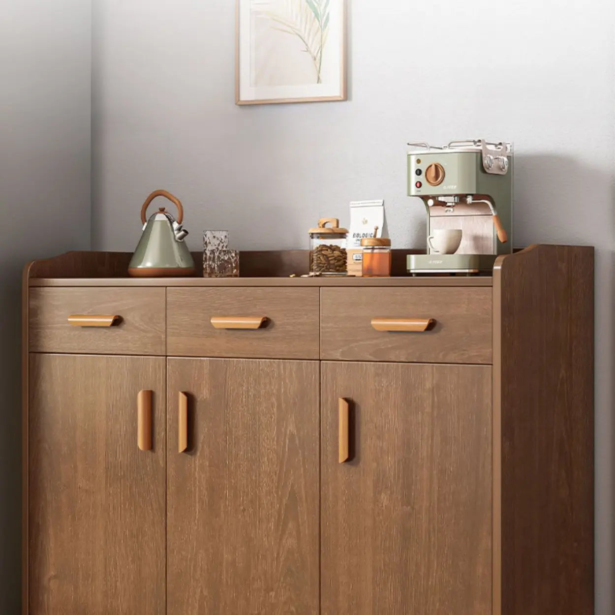 Freestanding Teak Floor Buffet with Shelves and Drawers — Dark Brown