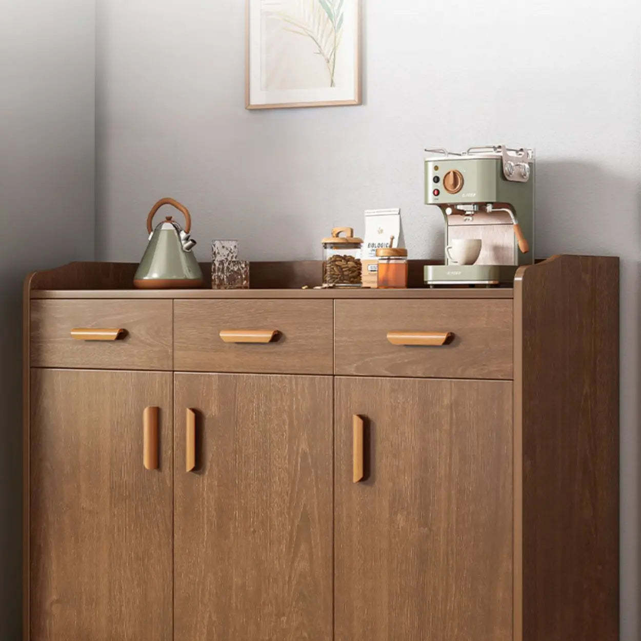 Freestanding Teak Floor Buffet with Shelves and Drawers — Dark Brown