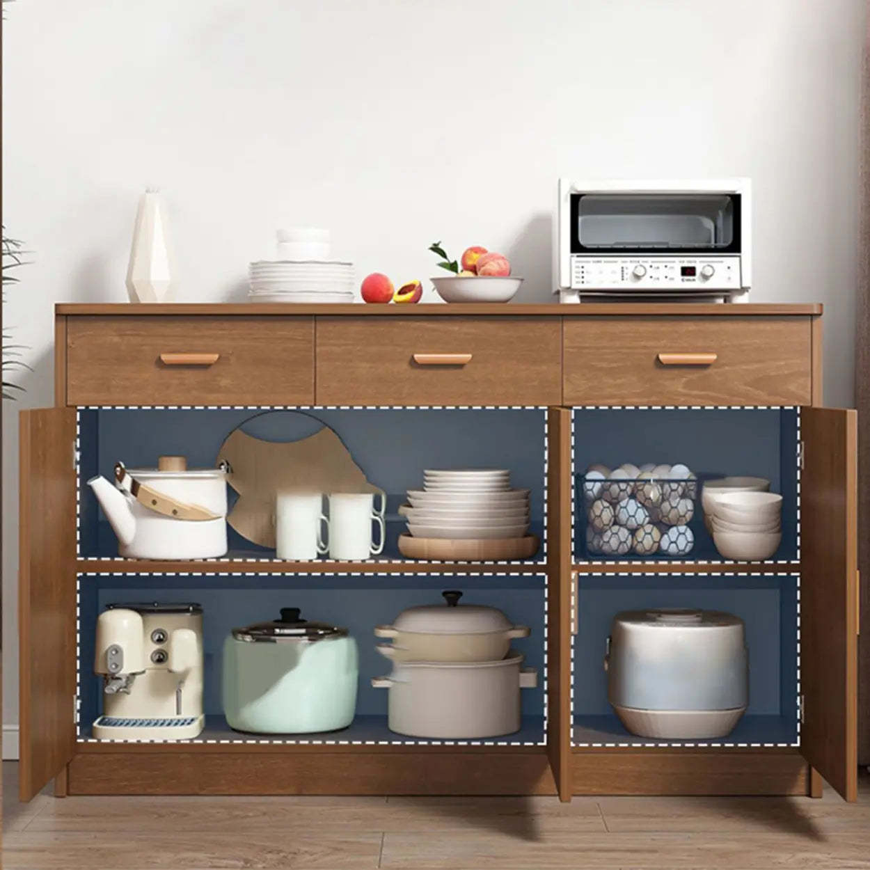 Freestanding Teak Floor Buffet with Shelves and Drawers — Teak