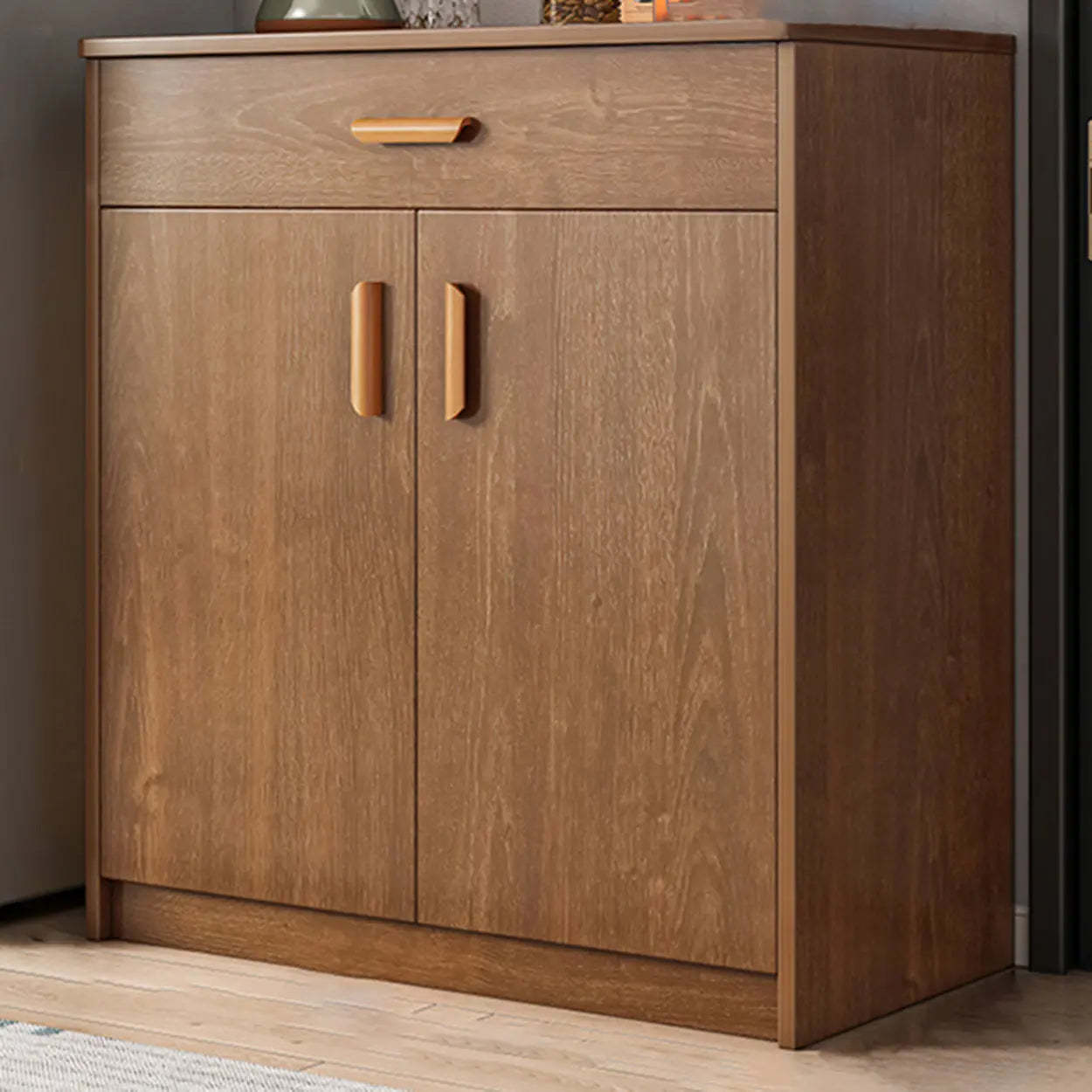 Freestanding Teak Floor Buffet with Shelves and Drawers — Sandalwood Color