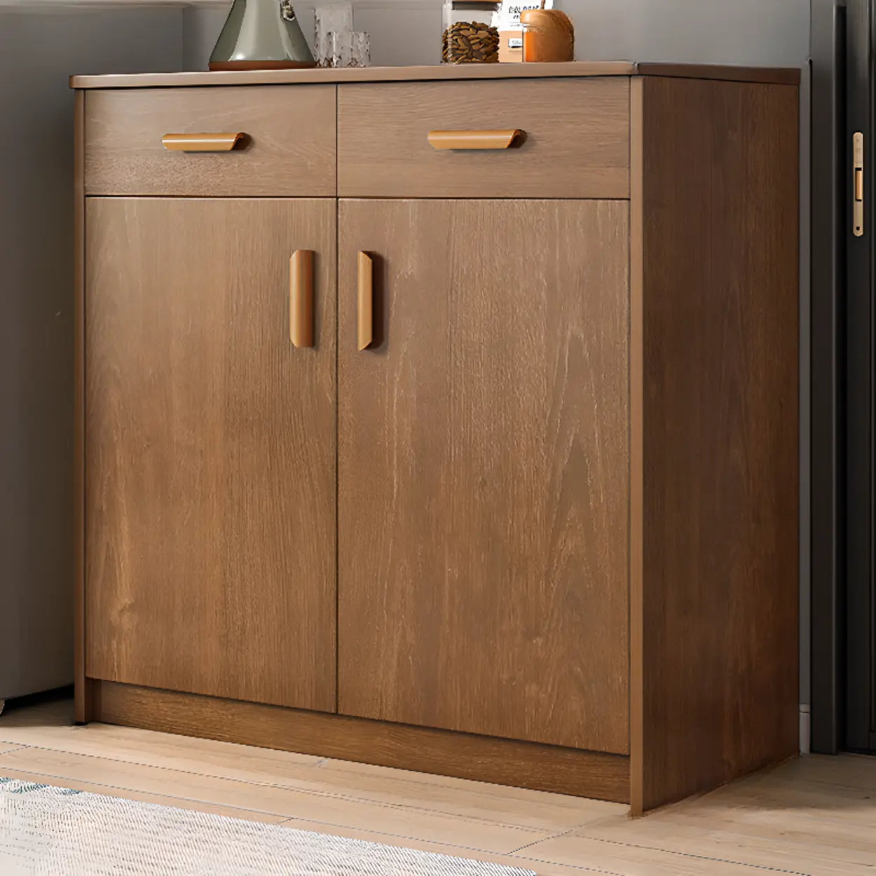 Freestanding Teak Floor Buffet with Shelves and Drawers — Cherry Wood