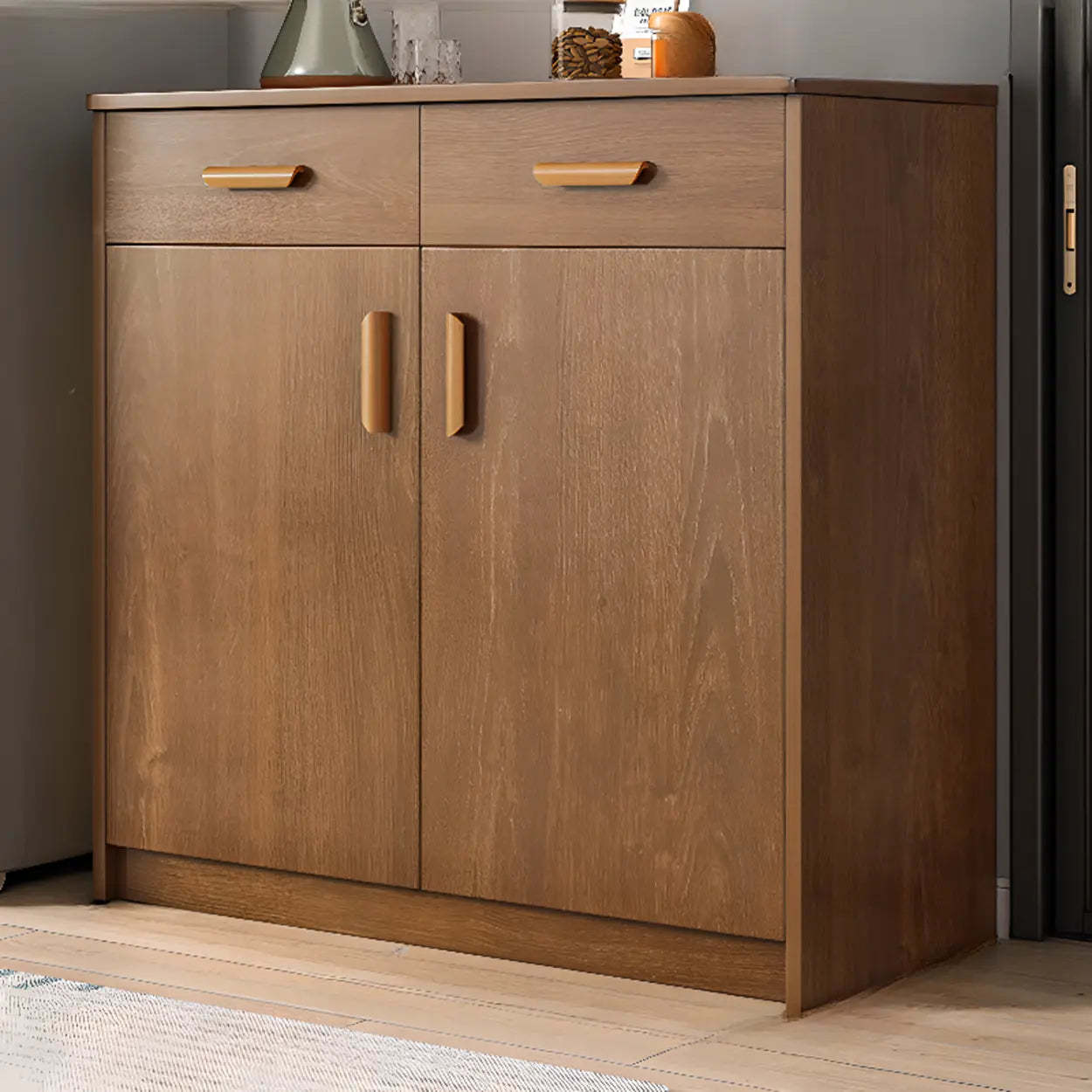 Freestanding Teak Floor Buffet with Shelves and Drawers — Cherry Wood