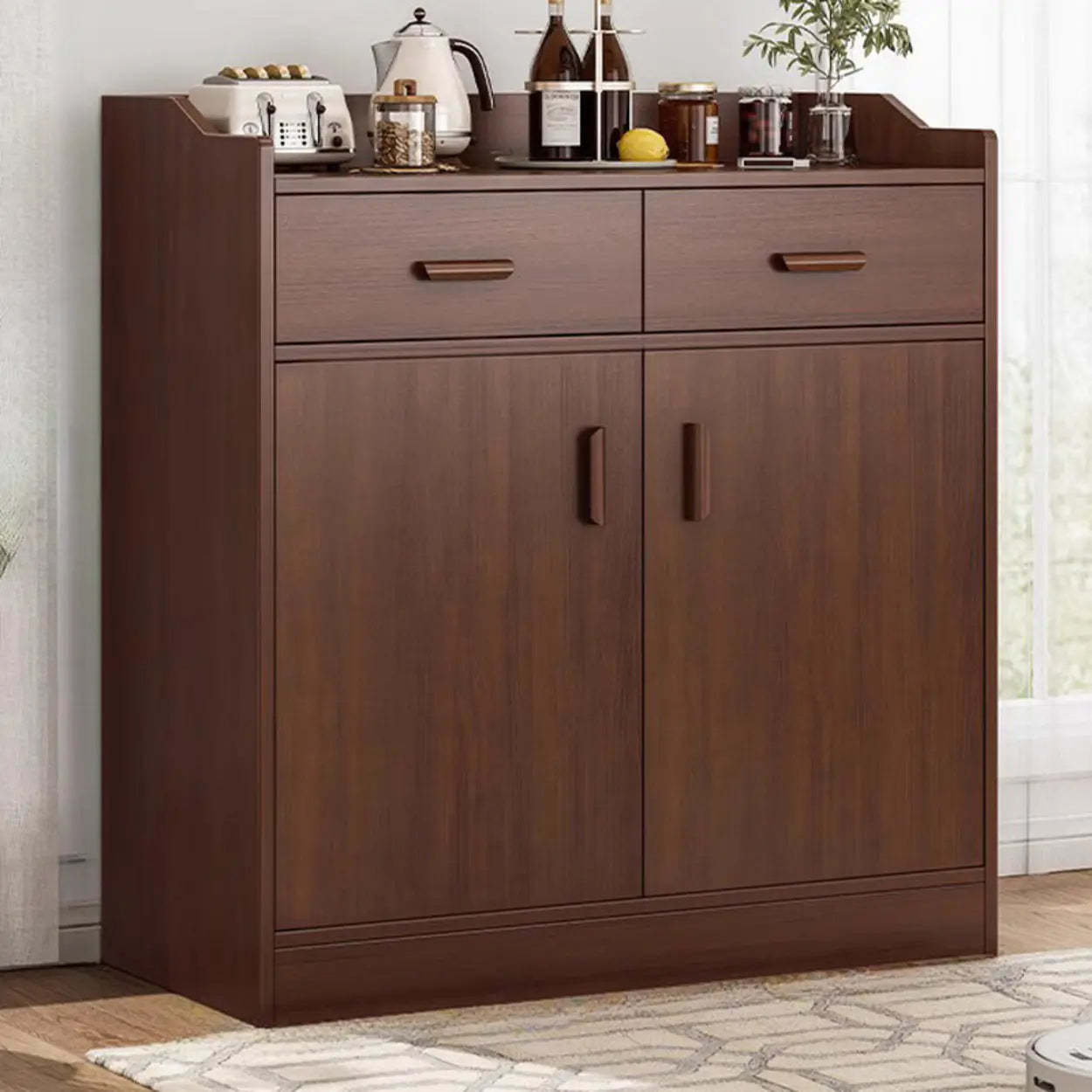 Freestanding Teak Floor Buffet with Shelves and Drawers