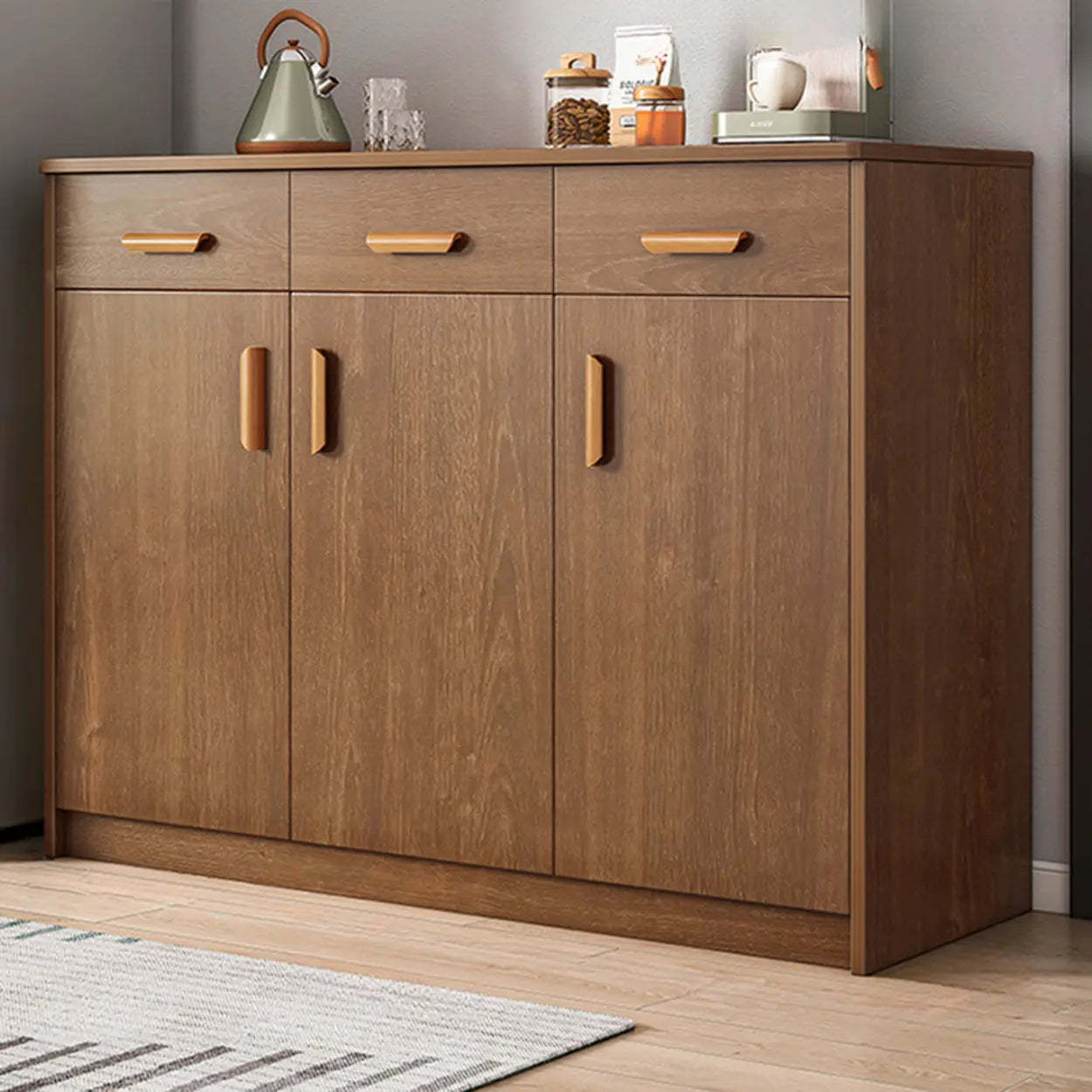 Freestanding Teak Floor Buffet with Shelves and Drawers — Dark Brown