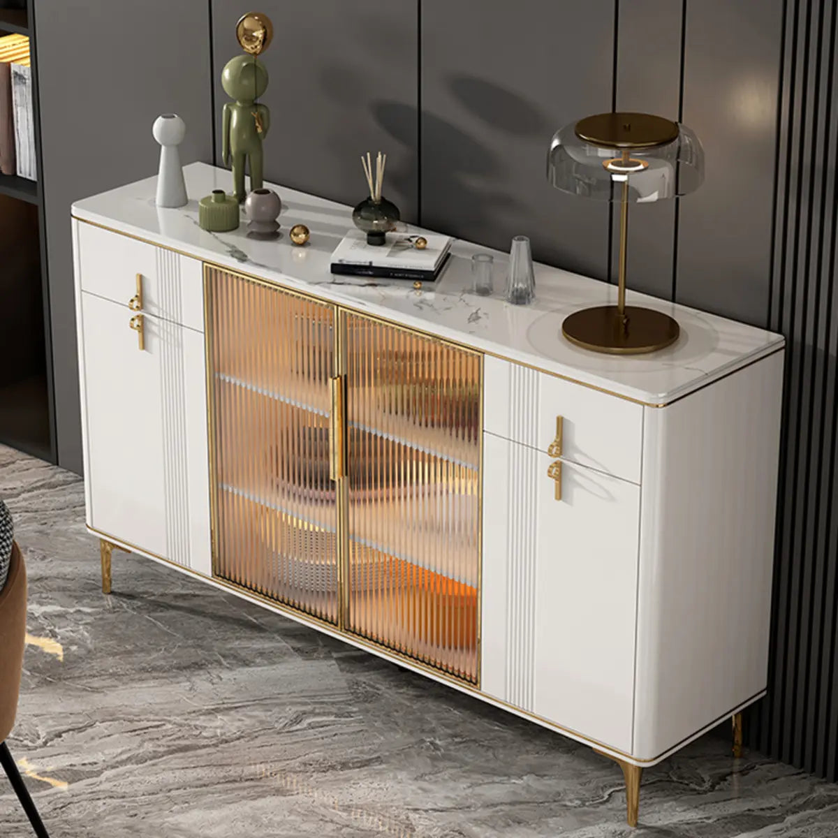 Freestanding White Stone Top Buffet with Drawers and Shelves — Grey