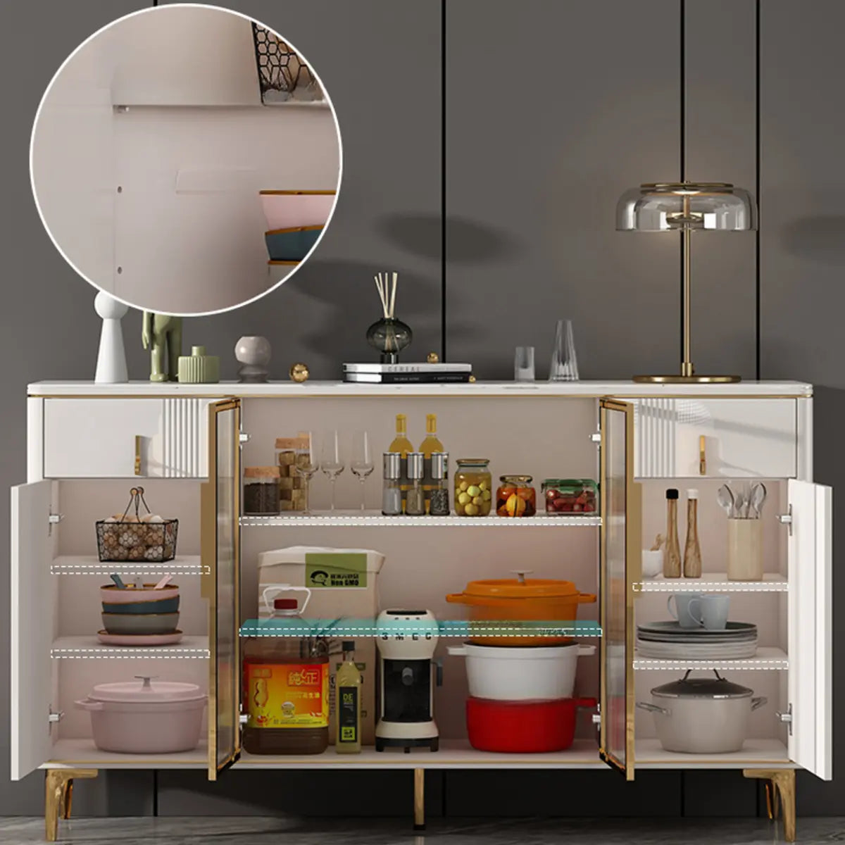 Freestanding White Stone Top Buffet with Drawers and Shelves