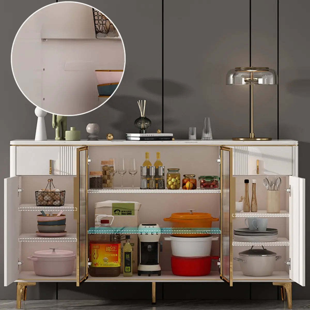 Freestanding White Stone Top Buffet with Drawers and Shelves