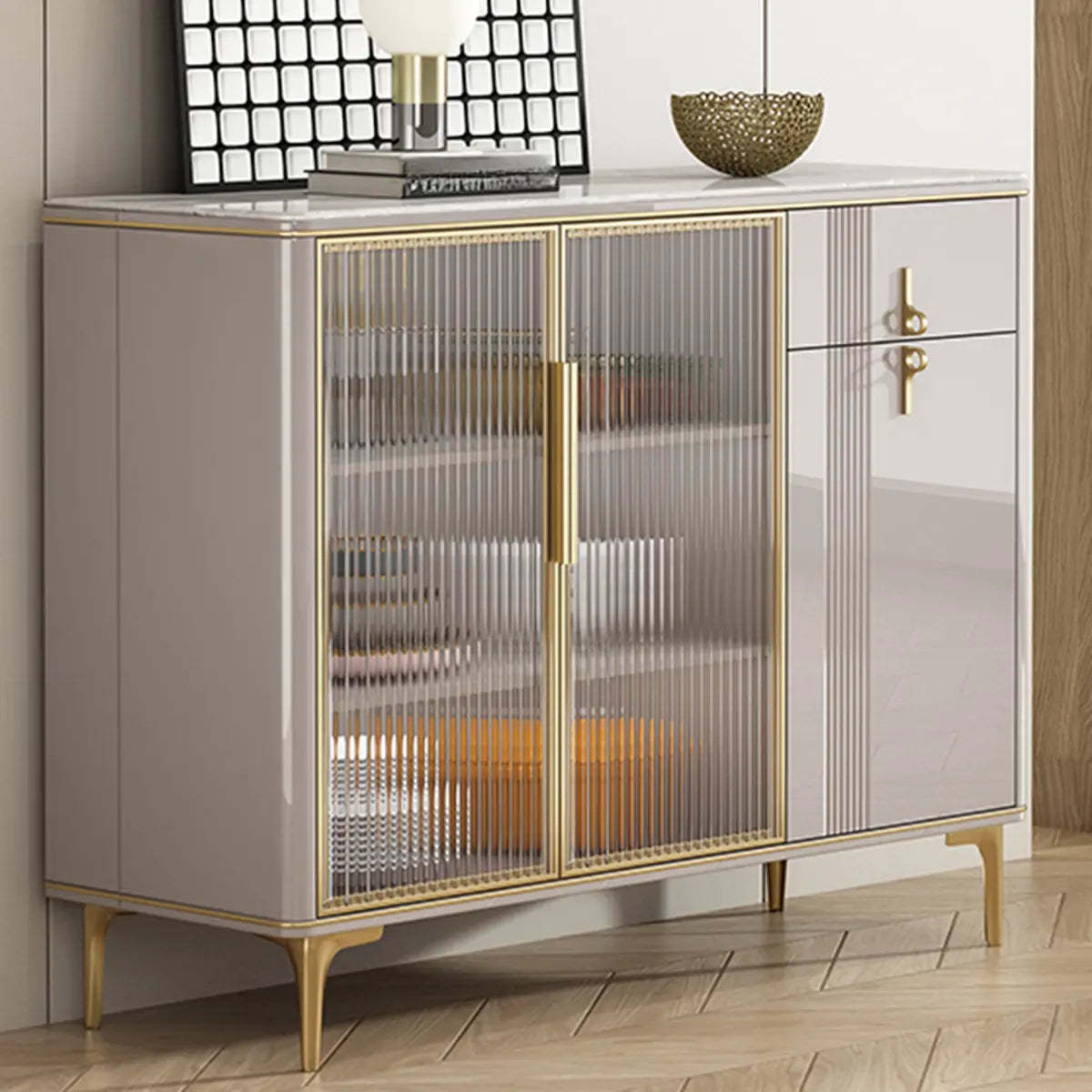 Freestanding White Stone Top Buffet with Drawers and Shelves