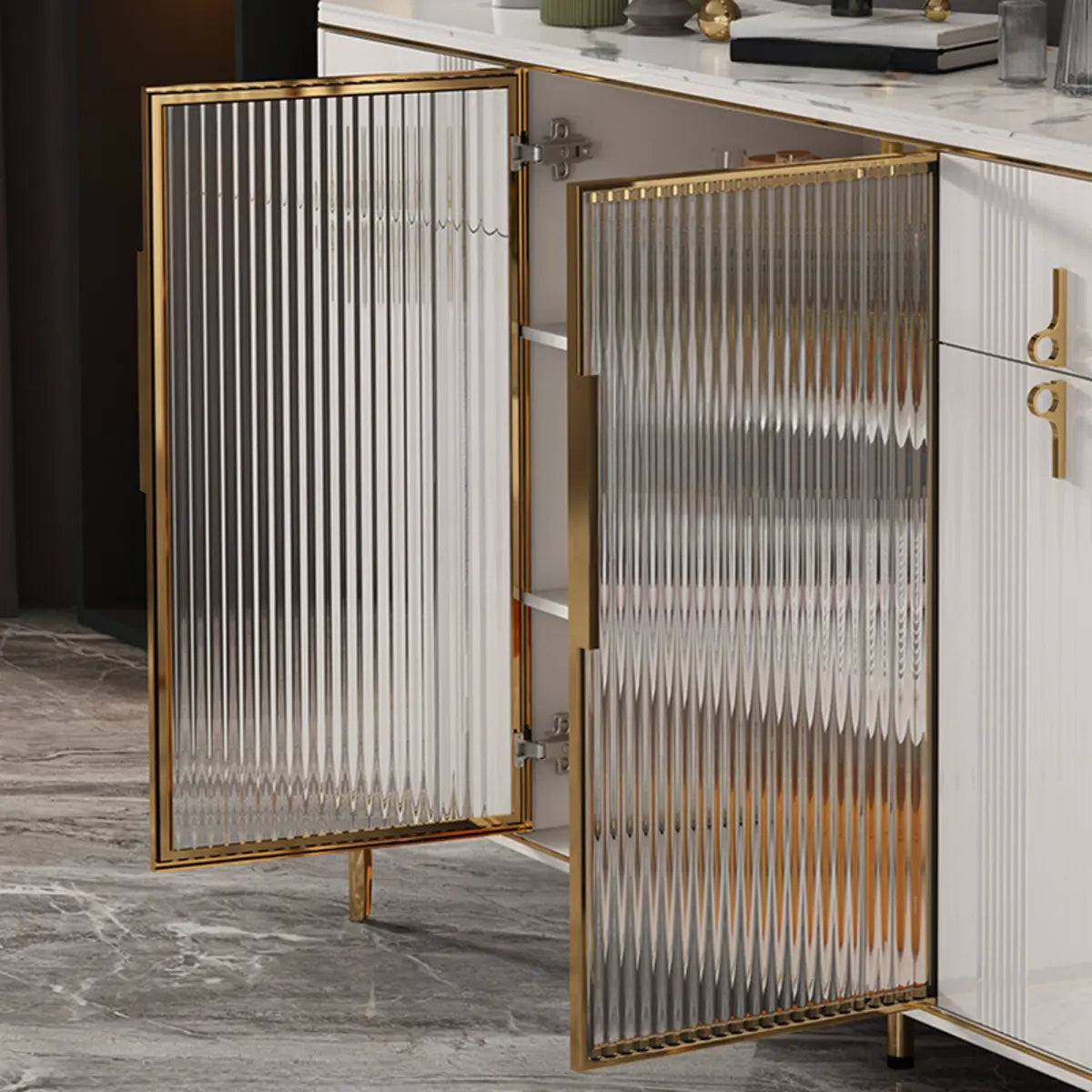 Freestanding White Stone Top Buffet with Drawers and Shelves