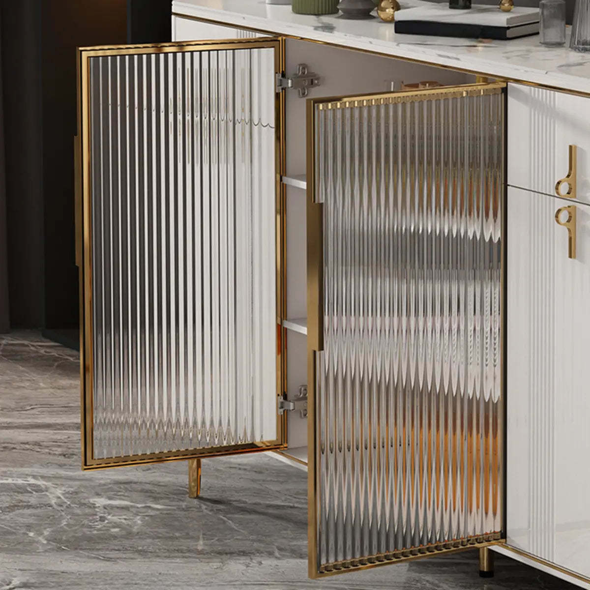 Freestanding White Stone Top Buffet with Drawers and Shelves