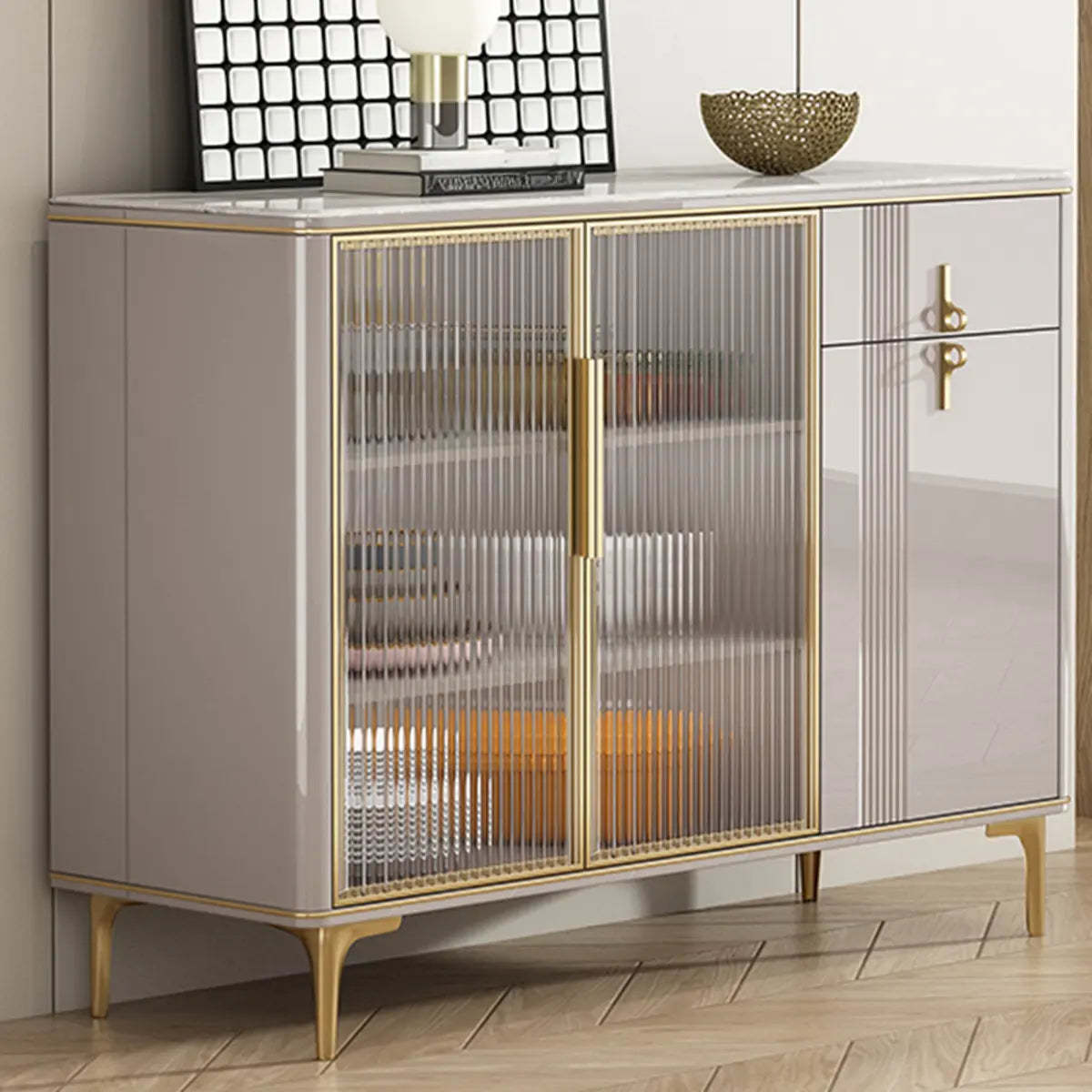 Freestanding White Stone Top Buffet with Drawers and Shelves