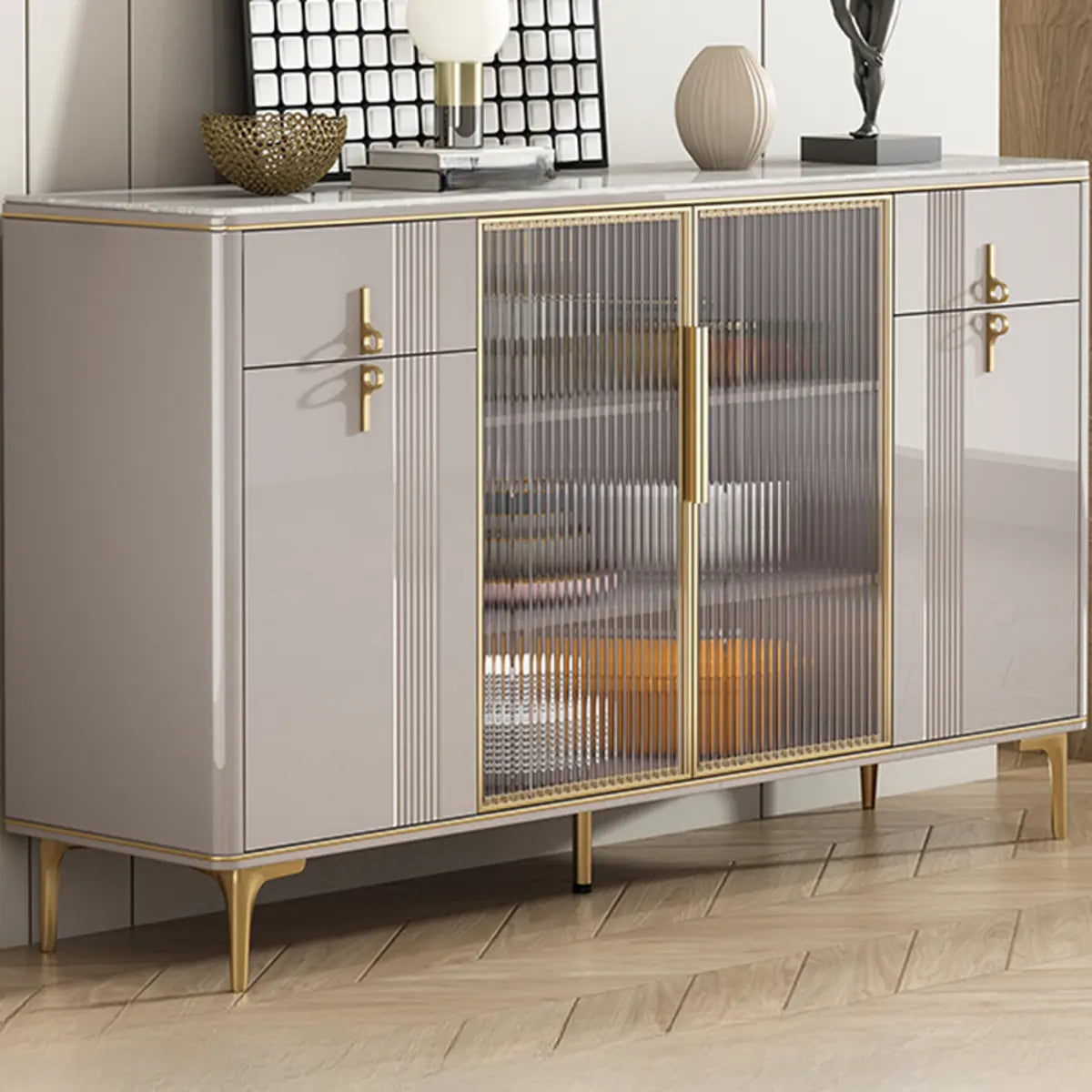 Freestanding White Stone Top Buffet with Drawers and Shelves