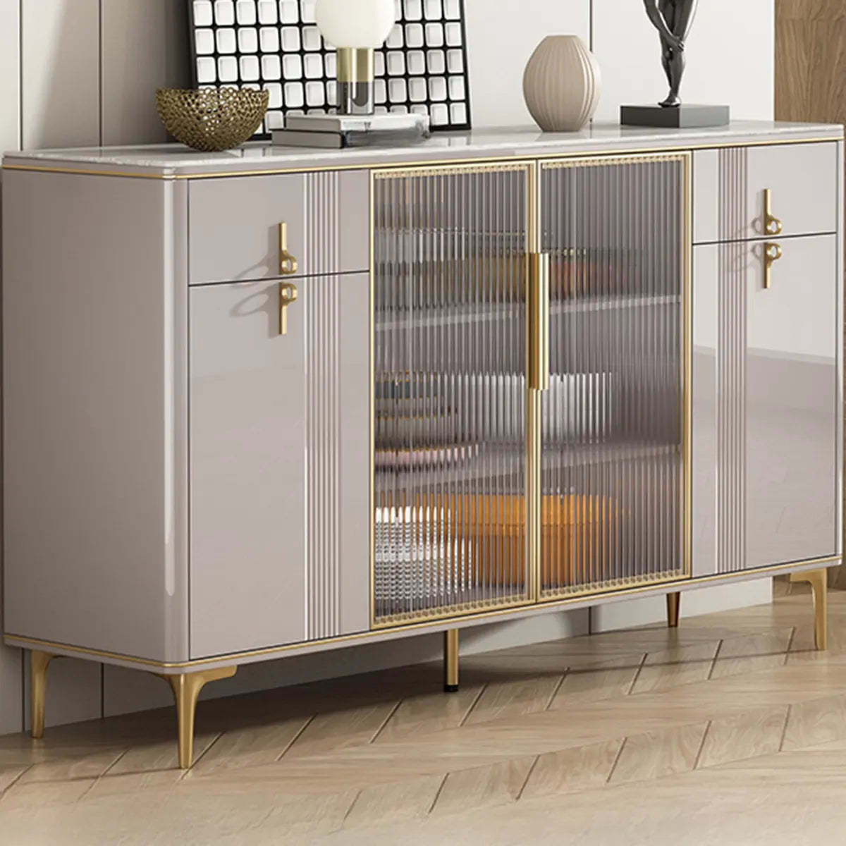 Freestanding White Stone Top Buffet with Drawers and Shelves