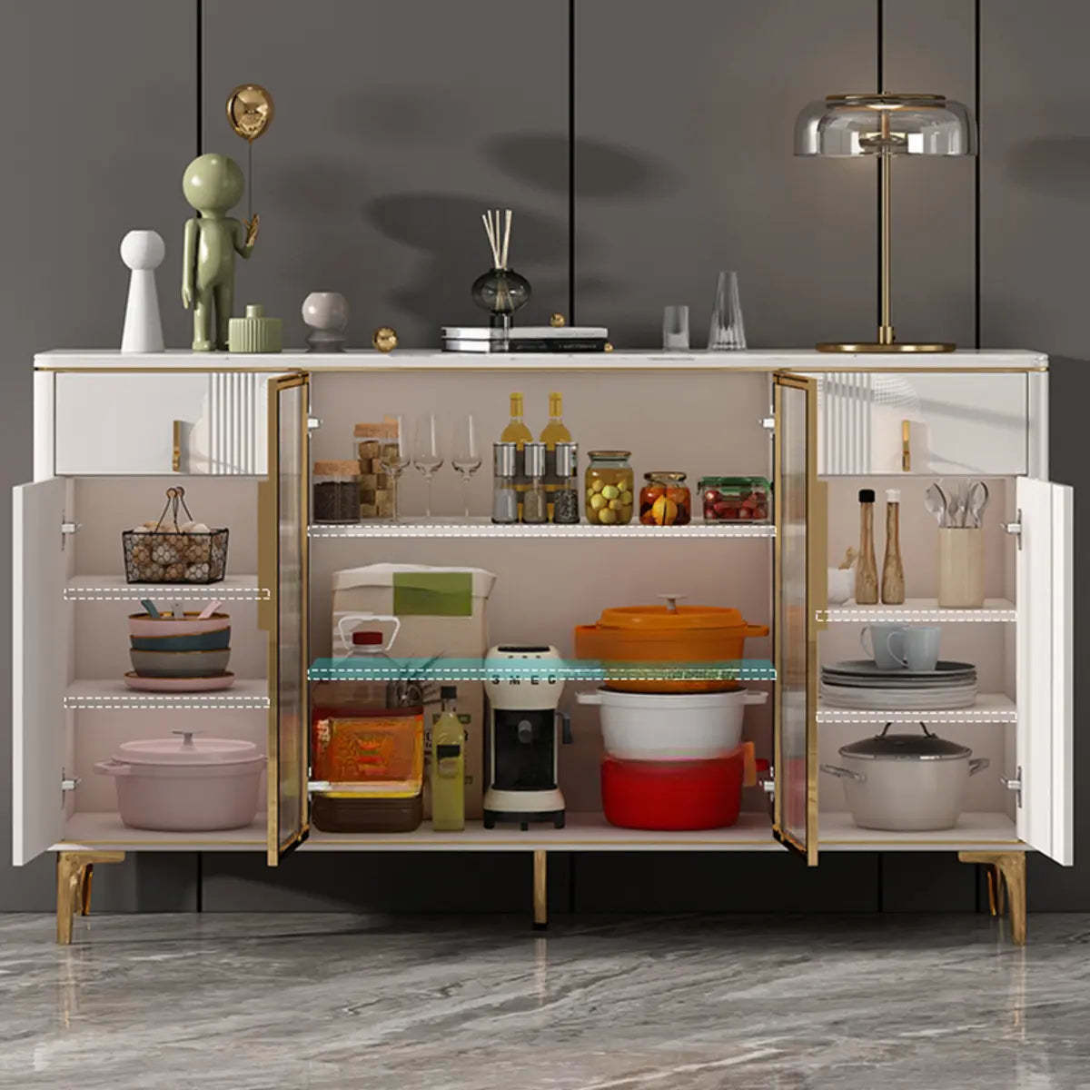 Freestanding White Stone Top Buffet with Drawers and Shelves