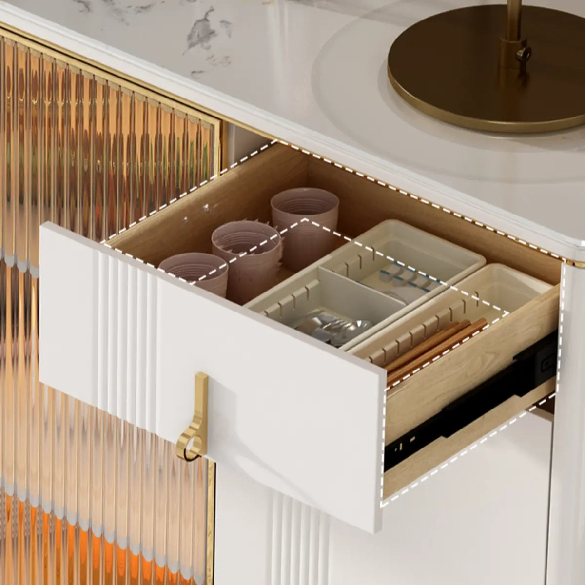 Freestanding White Stone Top Buffet with Drawers and Shelves