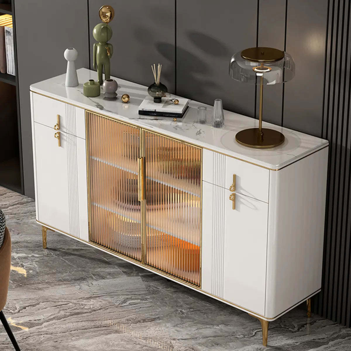 Freestanding White Stone Top Buffet with Drawers and Shelves — Grey