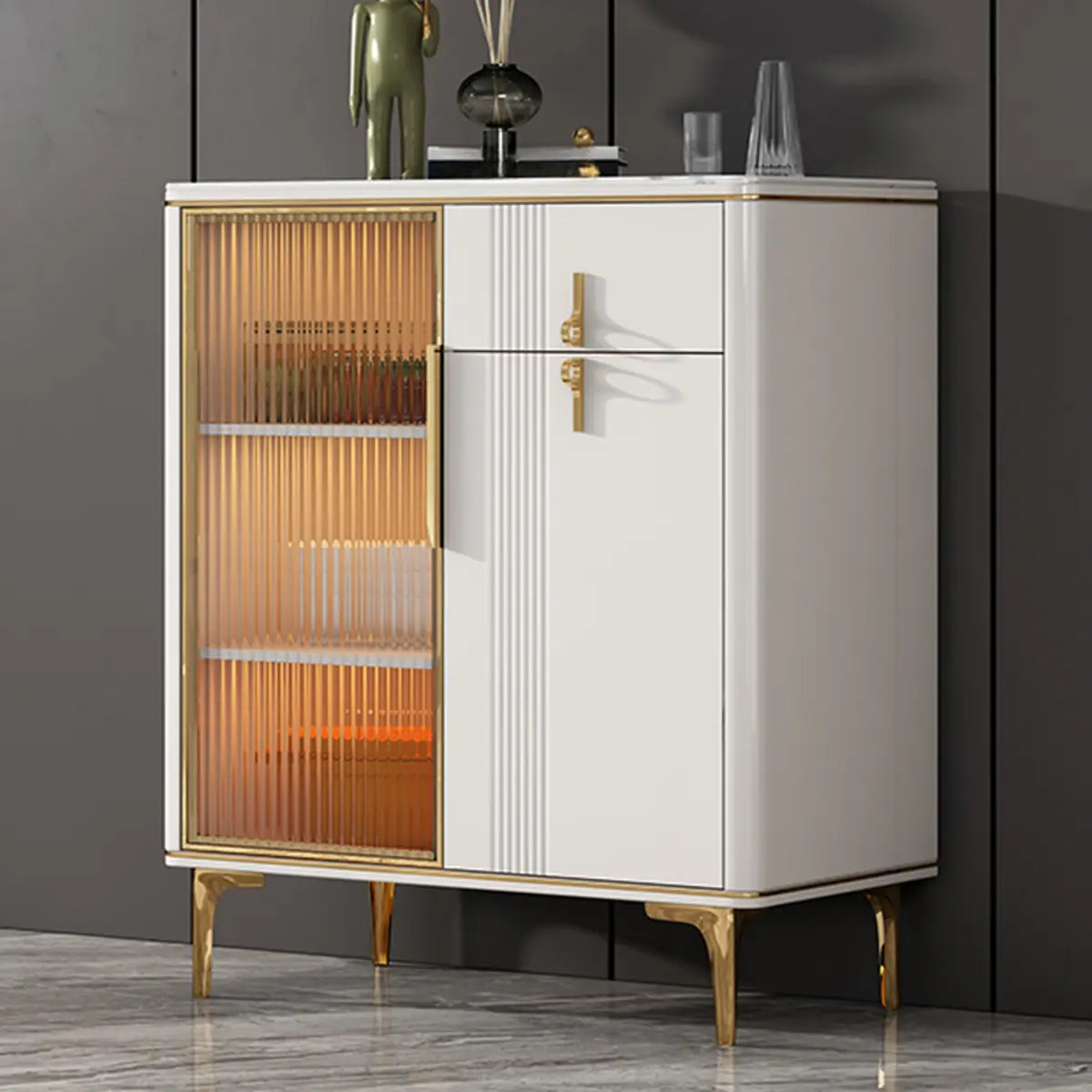 Freestanding White Stone Top Buffet with Drawers and Shelves — Grey