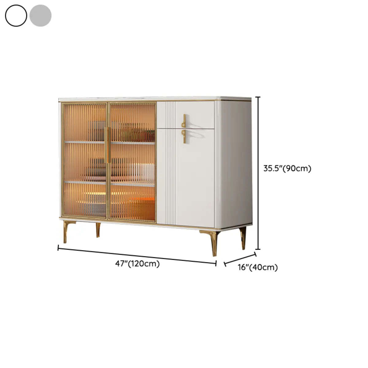 Freestanding White Stone Top Buffet with Drawers and Shelves