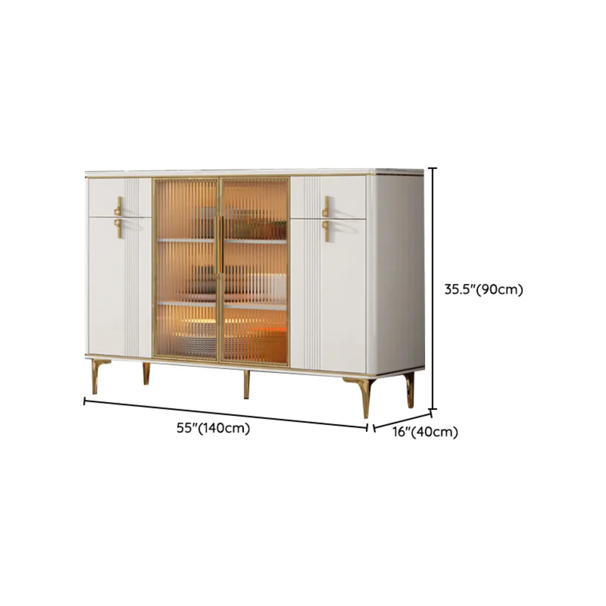 Freestanding White Stone Top Buffet with Drawers and Shelves