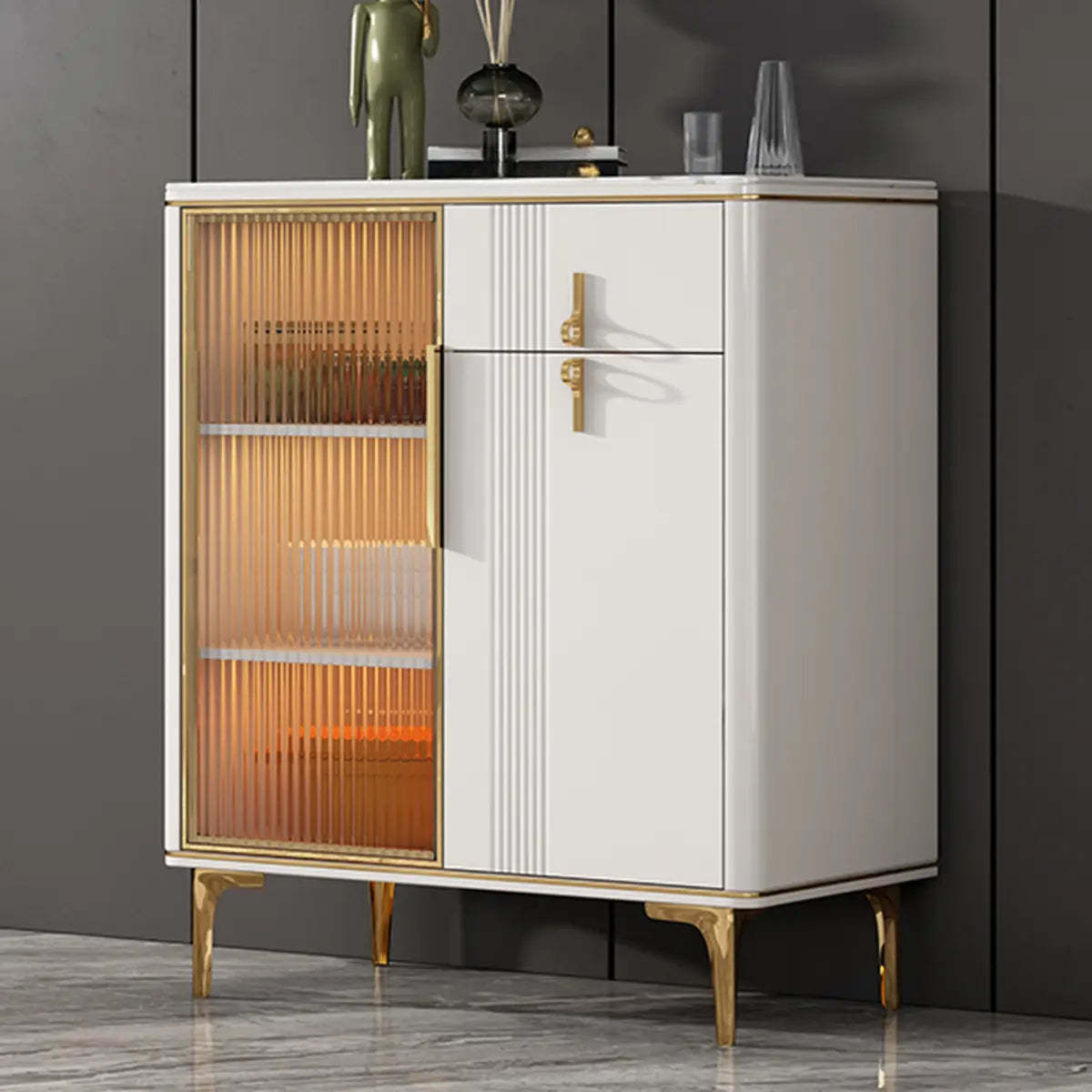 Freestanding White Stone Top Buffet with Drawers and Shelves — Grey