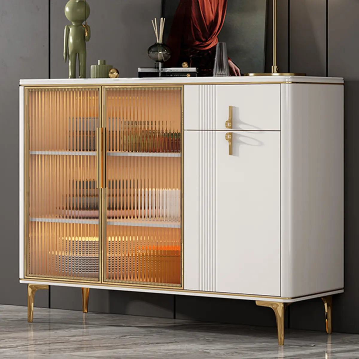 Freestanding White Stone Top Buffet with Drawers and Shelves — Grey
