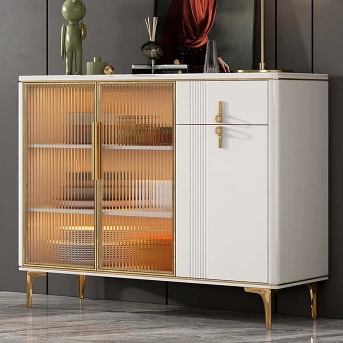 Freestanding White Stone Top Buffet with Drawers and Shelves — Grey