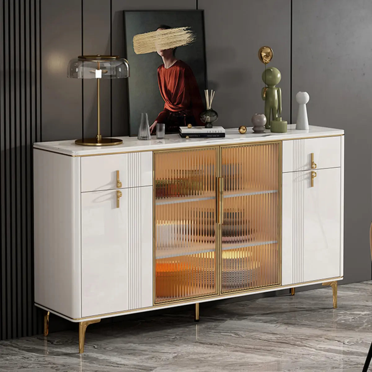 Freestanding White Stone Top Buffet with Drawers and Shelves — Grey