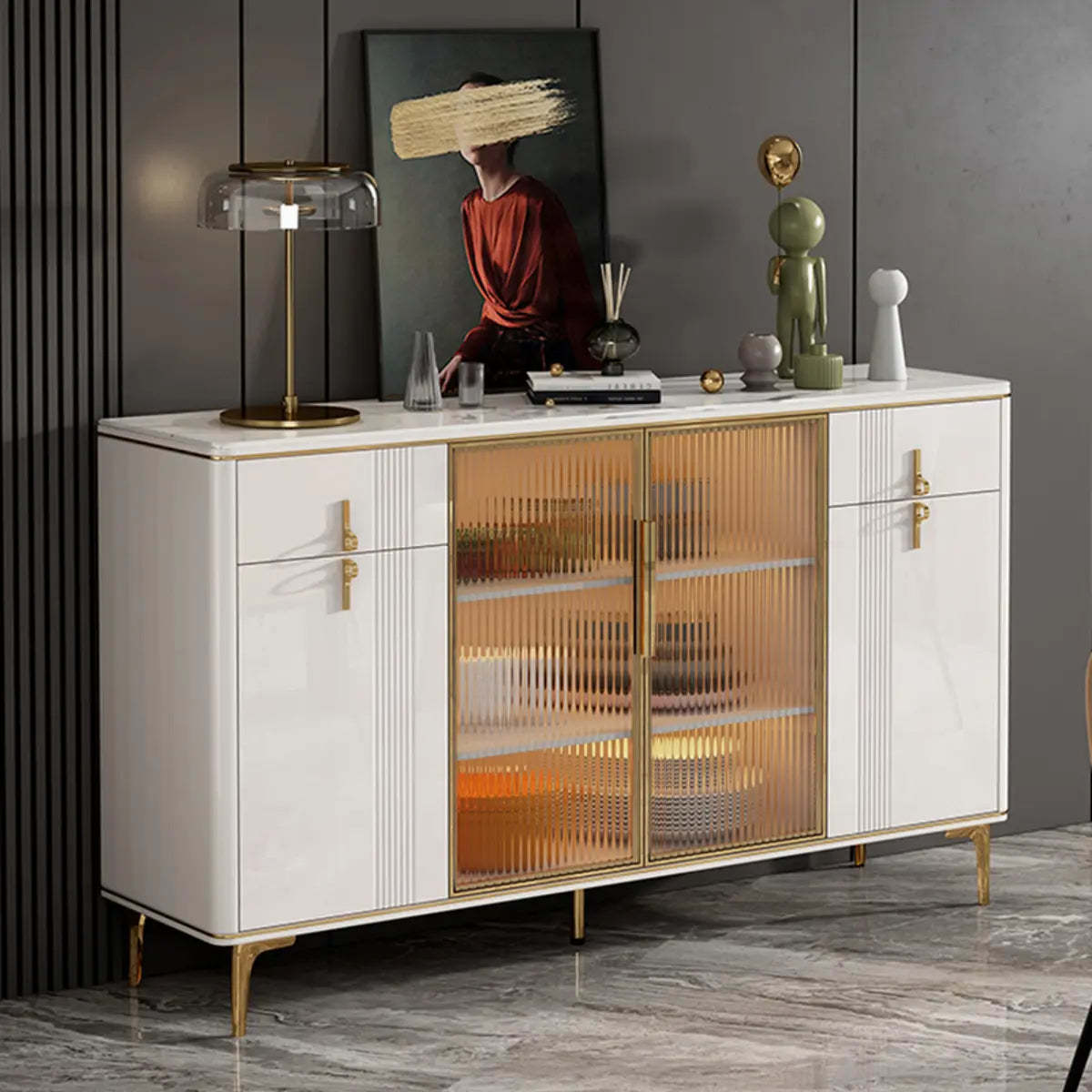 Freestanding White Stone Top Buffet with Drawers and Shelves — Grey