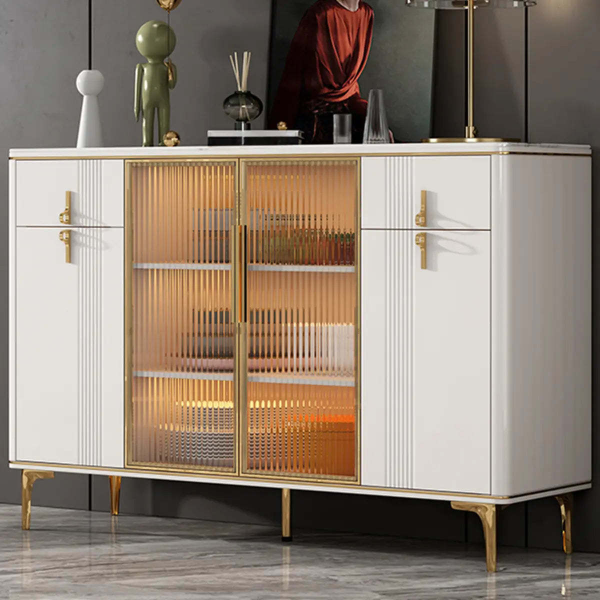 Freestanding White Stone Top Buffet with Drawers and Shelves — White