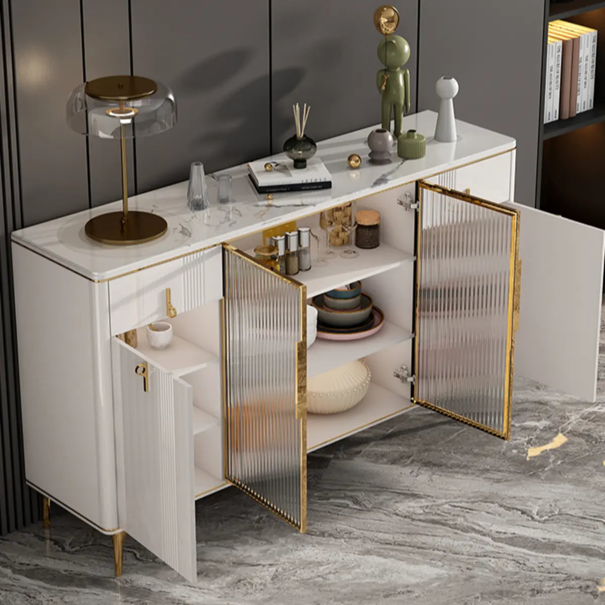 Freestanding White Stone Top Buffet with Drawers and Shelves — White