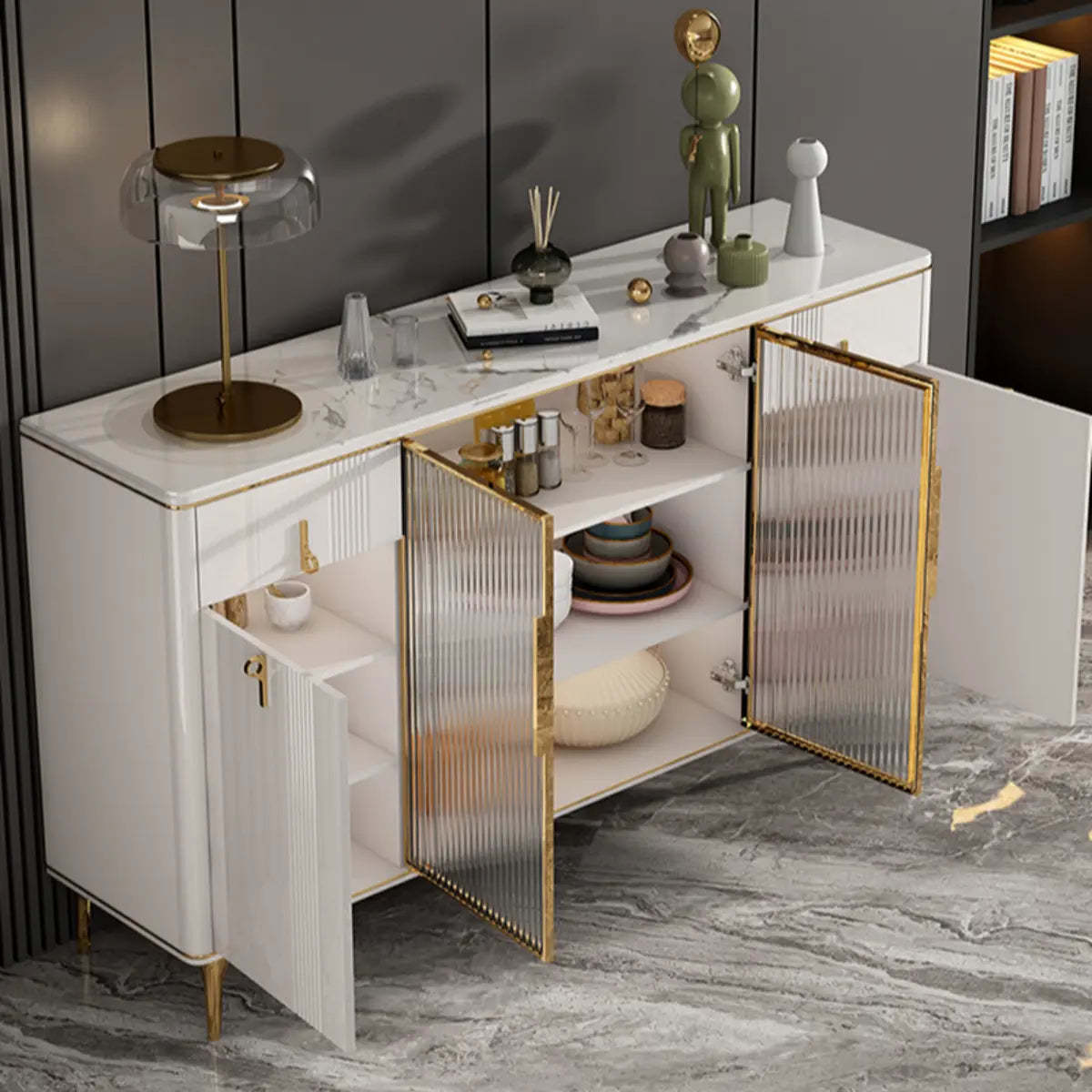 Freestanding White Stone Top Buffet with Drawers and Shelves — White