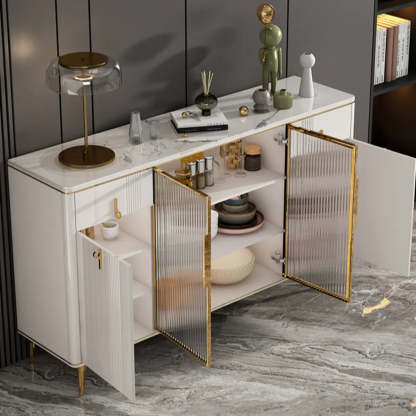 Freestanding White Stone Top Buffet with Drawers and Shelves — White