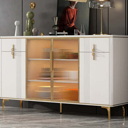 Freestanding White Stone Top Buffet with Drawers and Shelves — White