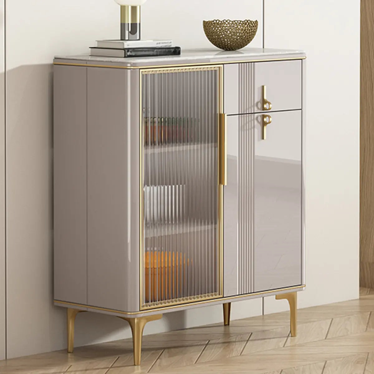 Freestanding White Stone Top Buffet with Drawers and Shelves — White