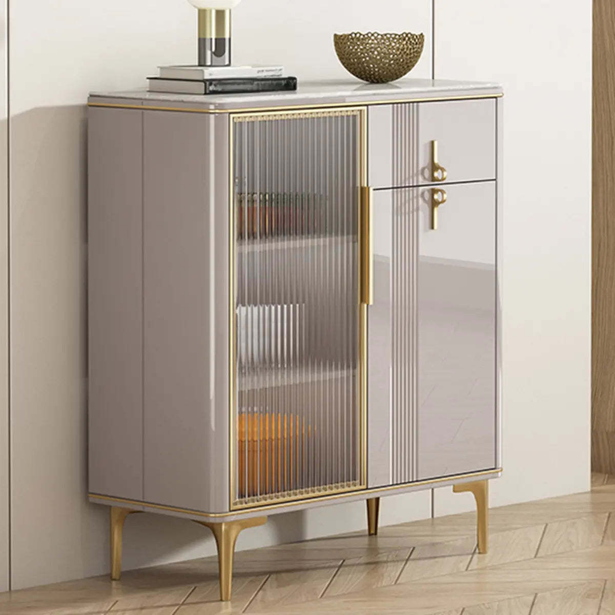 Freestanding White Stone Top Buffet with Drawers and Shelves — White