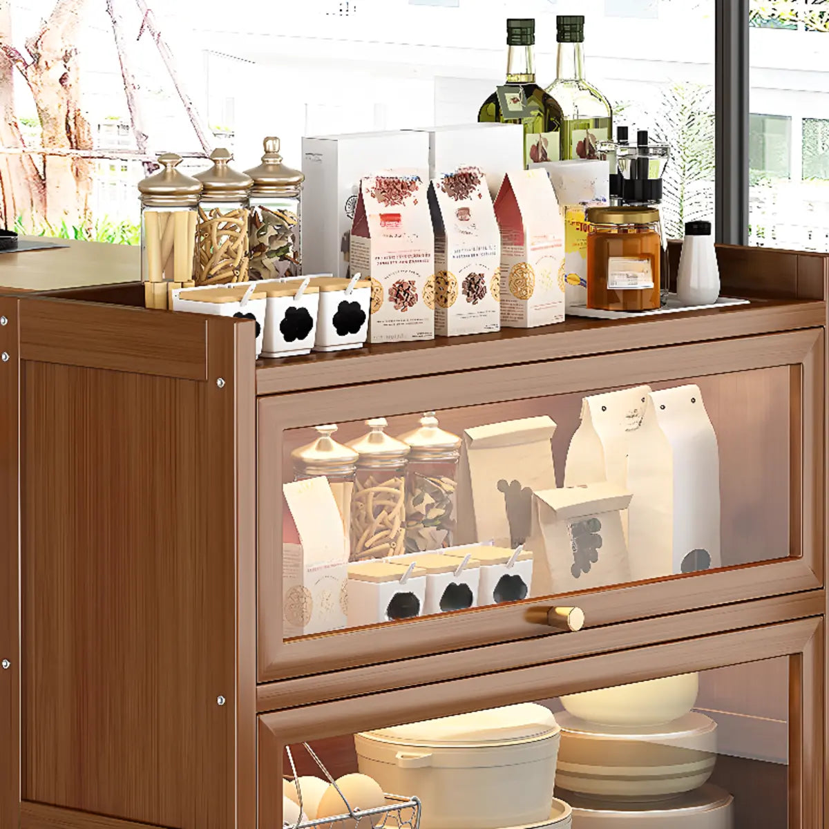 Tall Tan Wood Freestanding Sideboard with Clear Doors — Tan