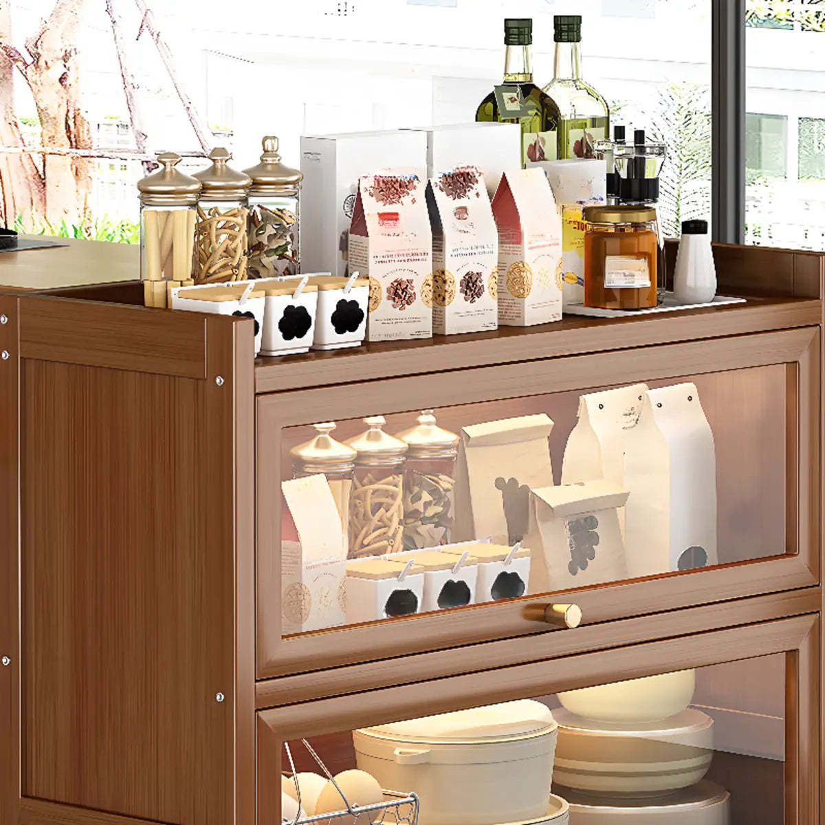 Tall Tan Wood Freestanding Sideboard with Clear Doors — Tan