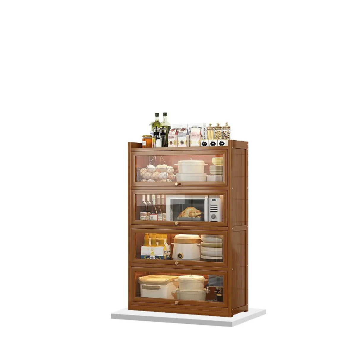 Tall Tan Wood Freestanding Sideboard with Clear Doors