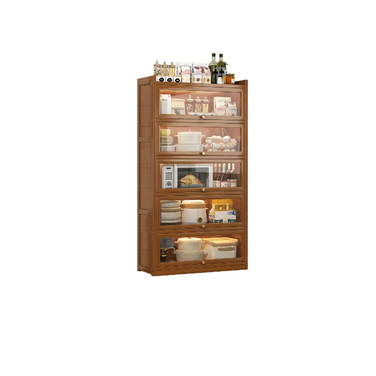 Tall Tan Wood Freestanding Sideboard with Clear Doors
