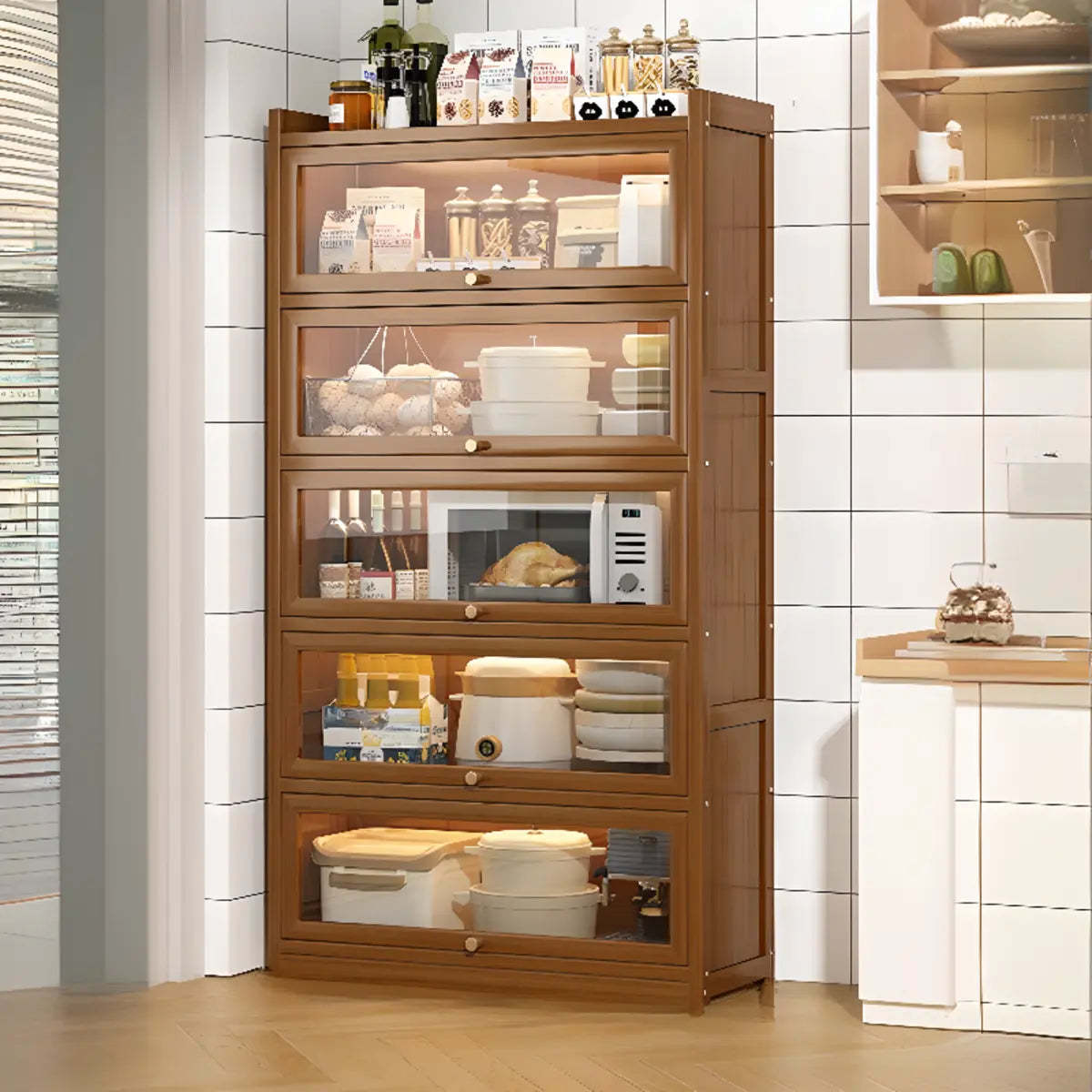 Tall Tan Wood Freestanding Sideboard with Clear Doors