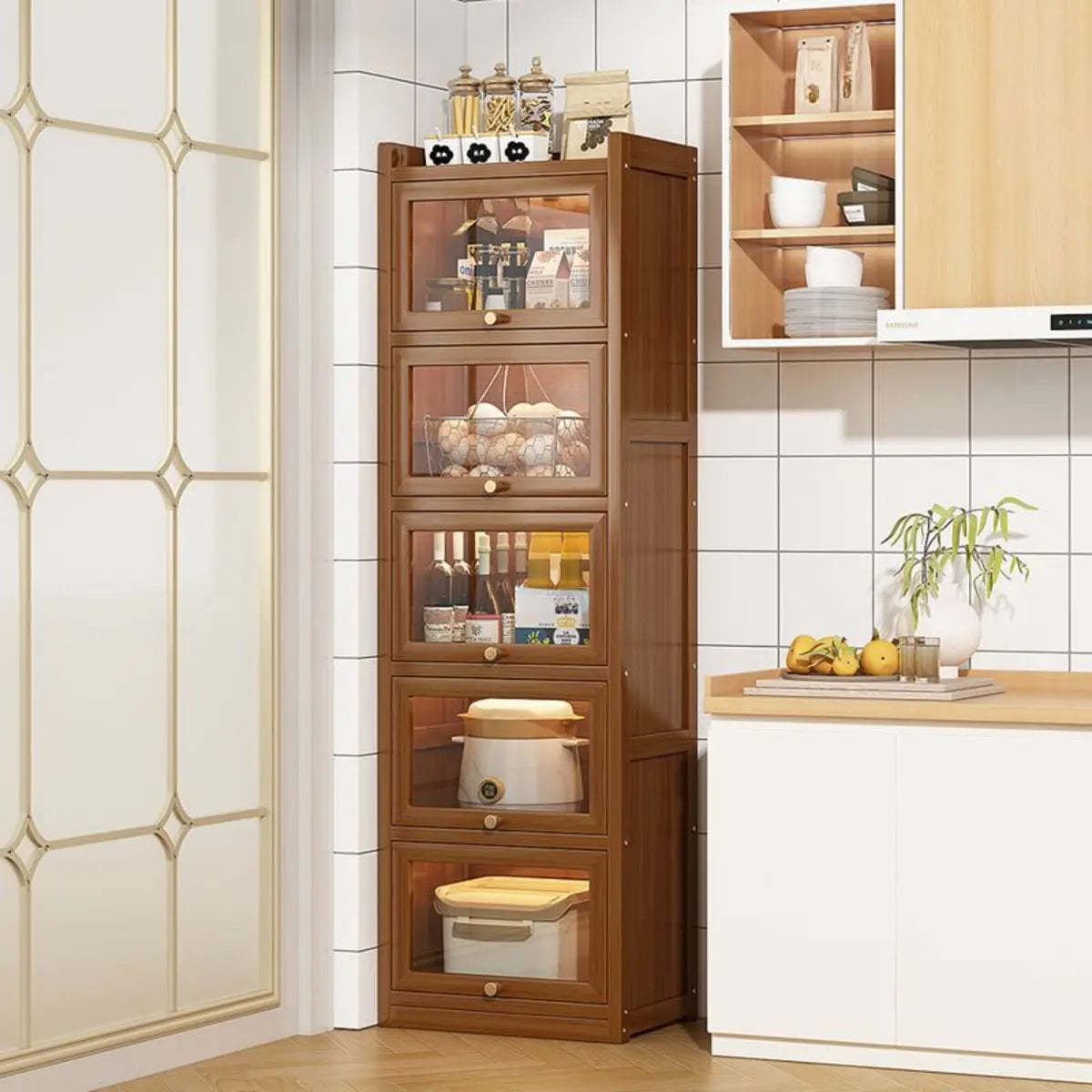 Tall Tan Wood Freestanding Sideboard with Clear Doors — Tan