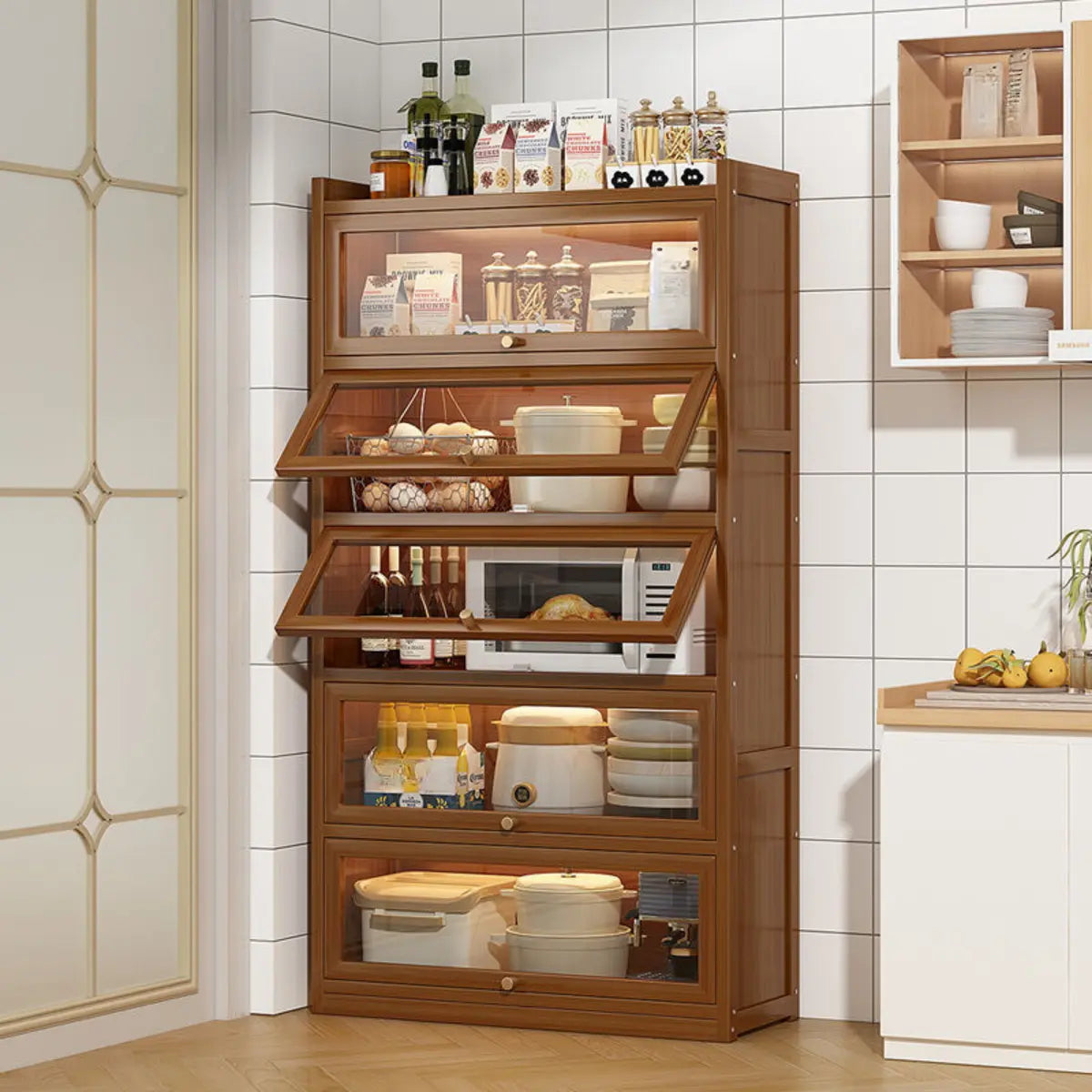 Tall Tan Wood Freestanding Sideboard with Clear Doors — Tan