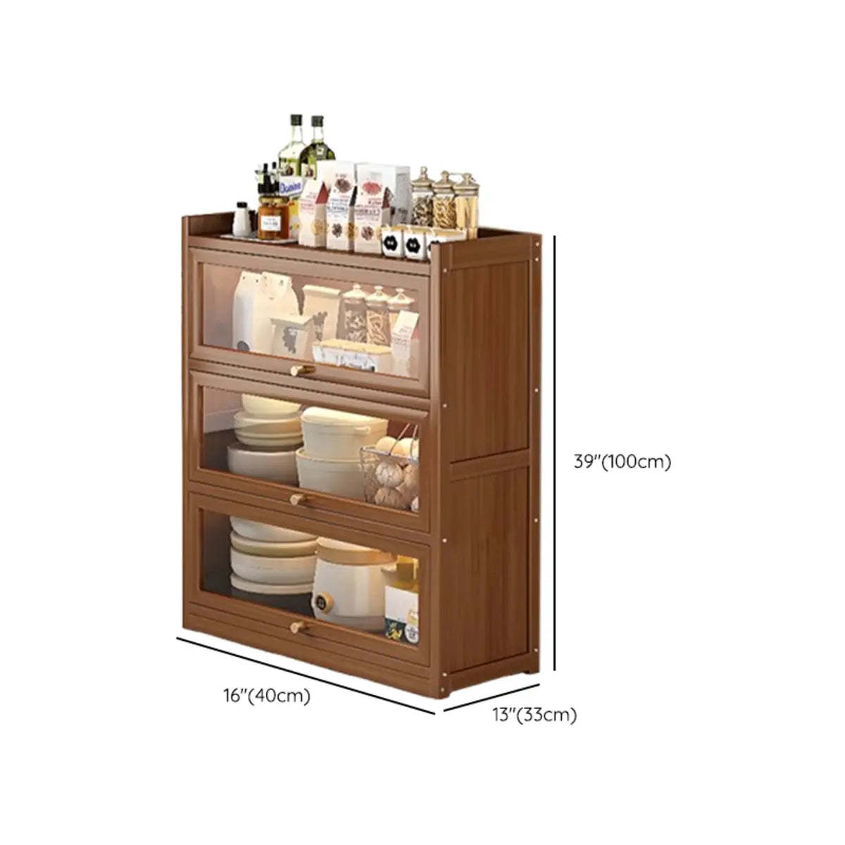 Tall Tan Wood Freestanding Sideboard with Clear Doors