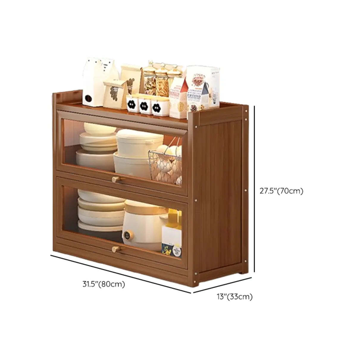 Tall Tan Wood Freestanding Sideboard with Clear Doors