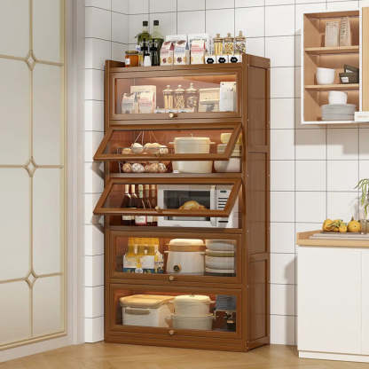 Tall Tan Wood Freestanding Sideboard with Clear Doors — Tan