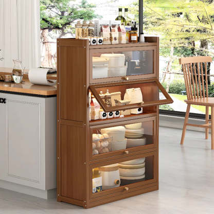 Tall Tan Wood Freestanding Sideboard with Clear Doors — Tan
